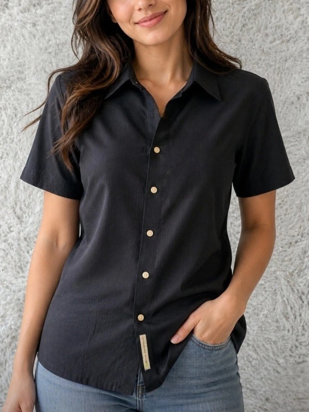 NWT Cubavera Womens Black Top Minimalist Preppy Button Short Sleeve Shirt S